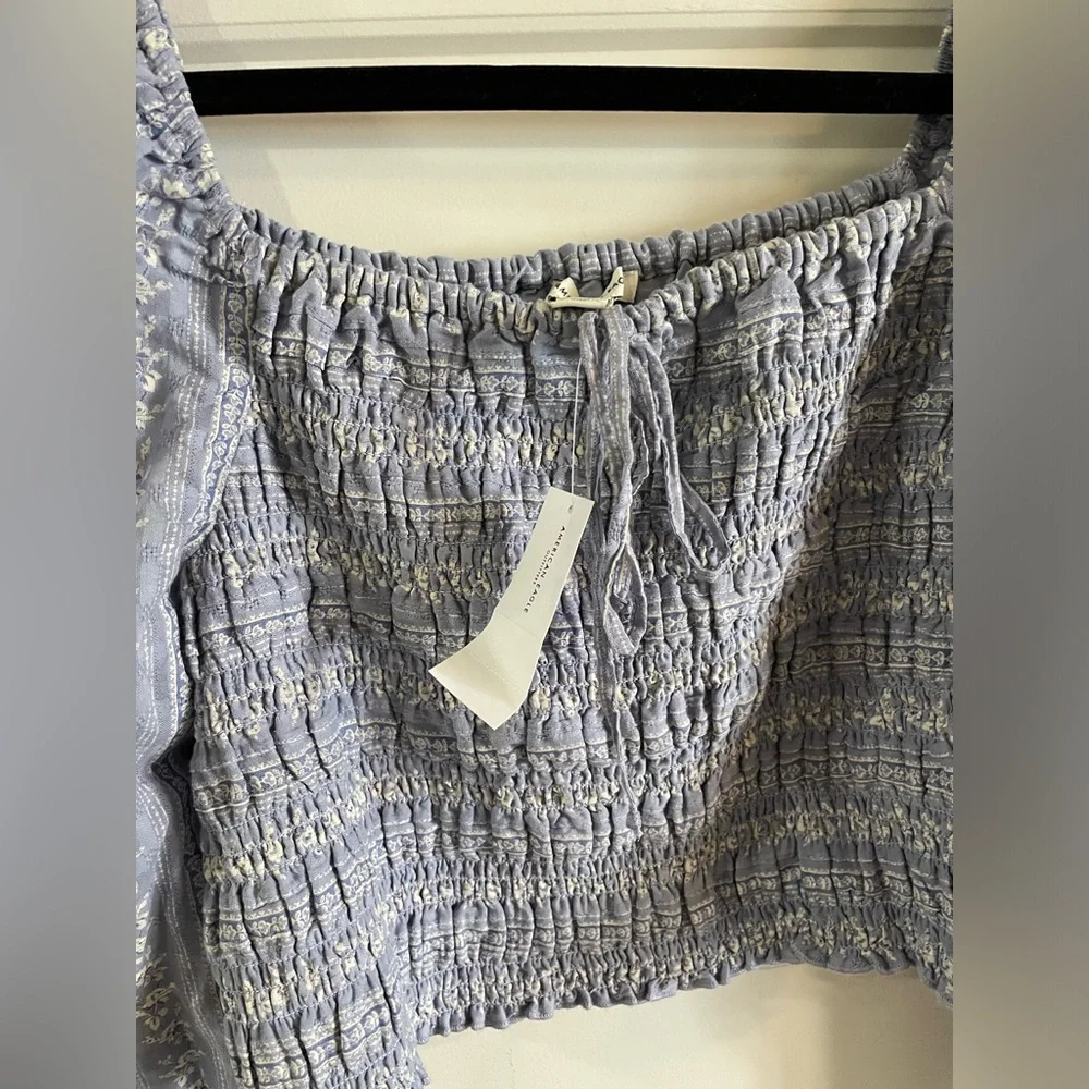 NWT American Eagle Square WomenNeck Floral Blue Crop Top Puff LongSleeves Size L